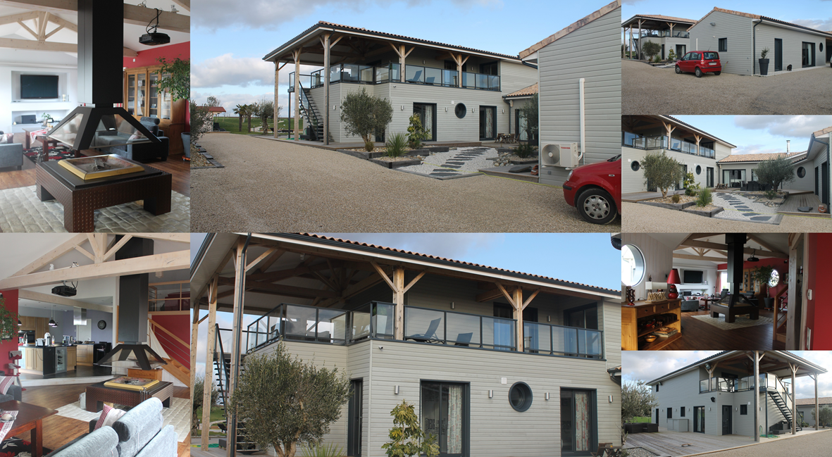Maison en ossature bois achevée, vues extérieures et intérieures